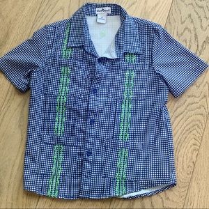 Blue Quail Clothing Co guayabera shirt in blue & white check w/green embroidery